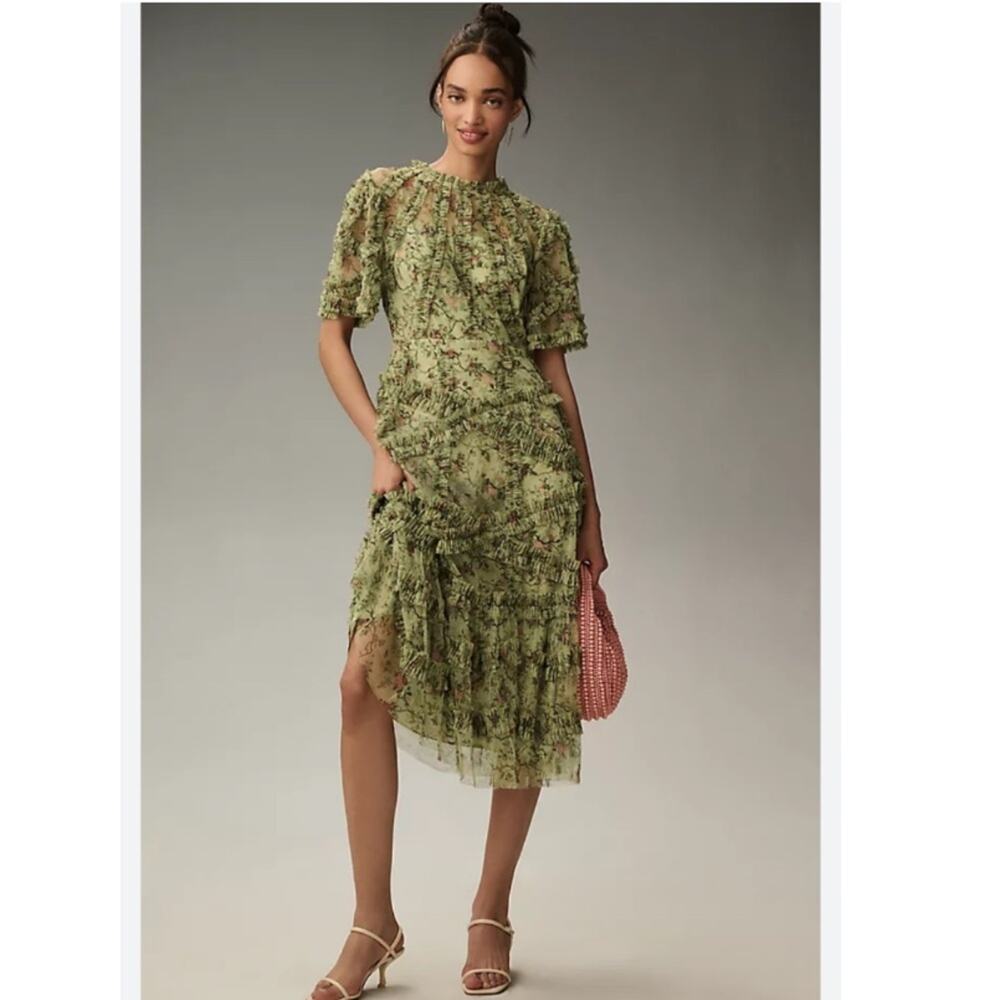 Mac Duggal Short-Sleeve Mesh Midi Dress – Green – Size 16